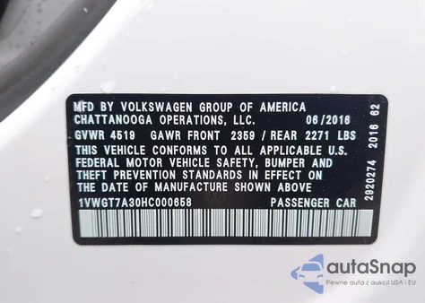 2017 Volkswagen Passat 1.8T Se z USA, uszkodzony, nr VIN 1VWGT7A30HC000658